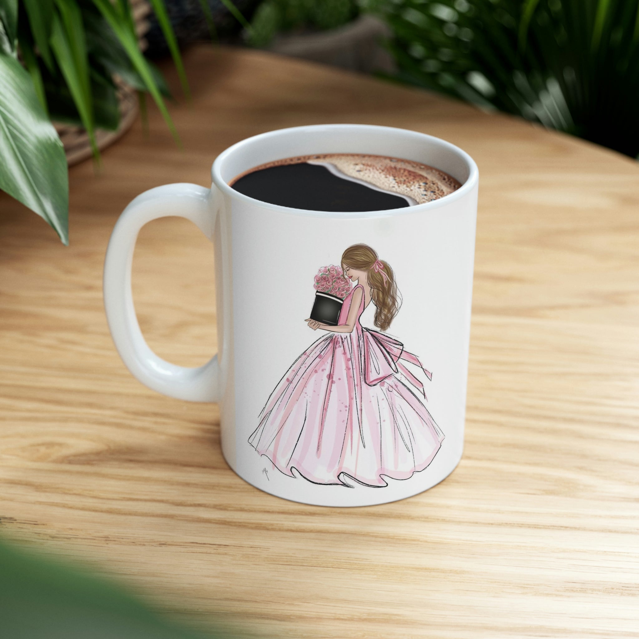 the lady wearing a pink dress mug