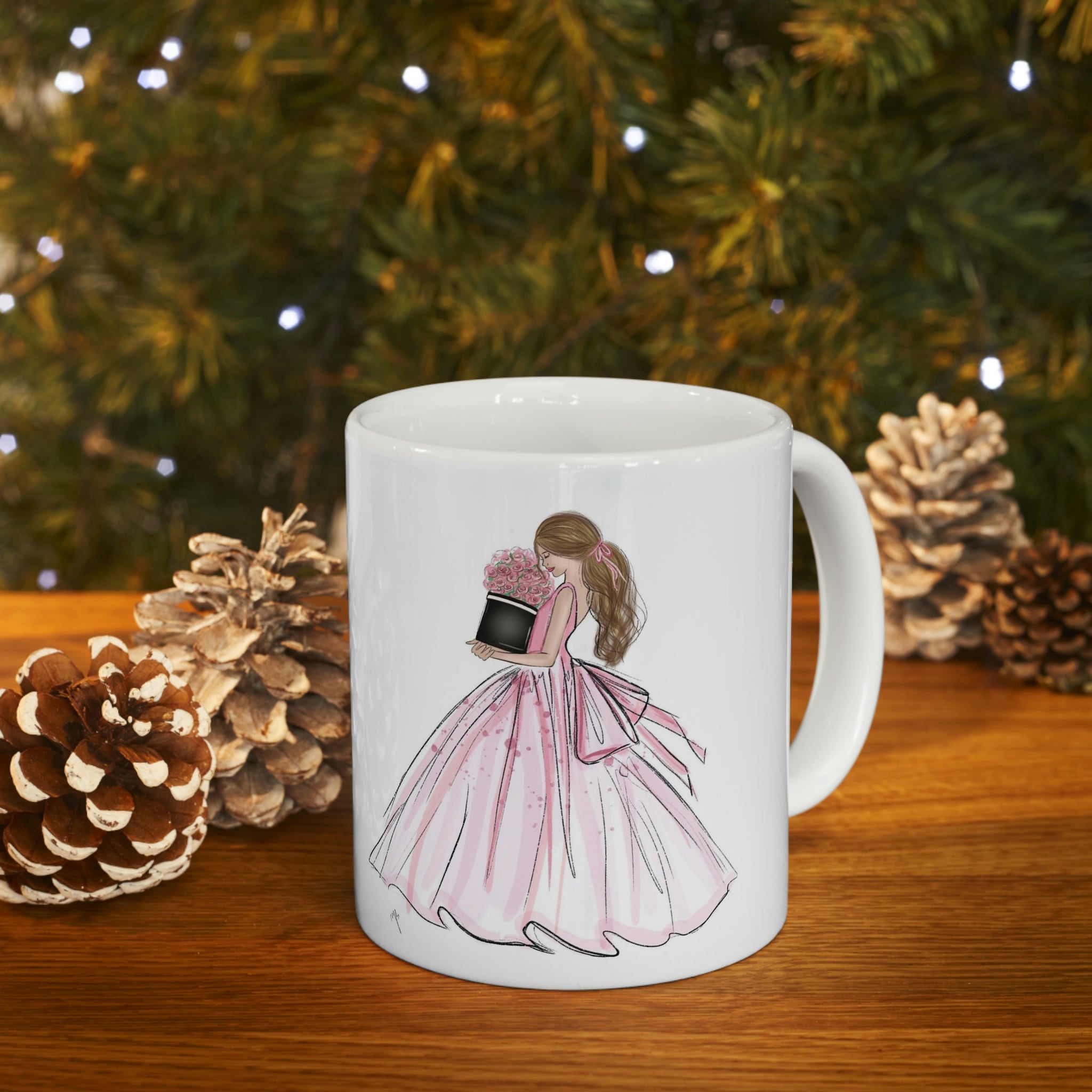 the lady wearing a pink dress mug