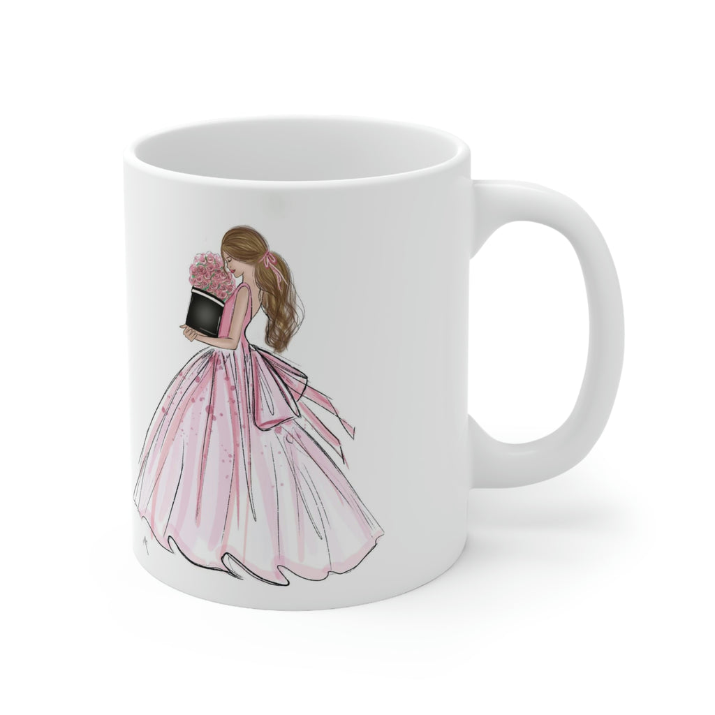 the lady wearing a pink dress mug