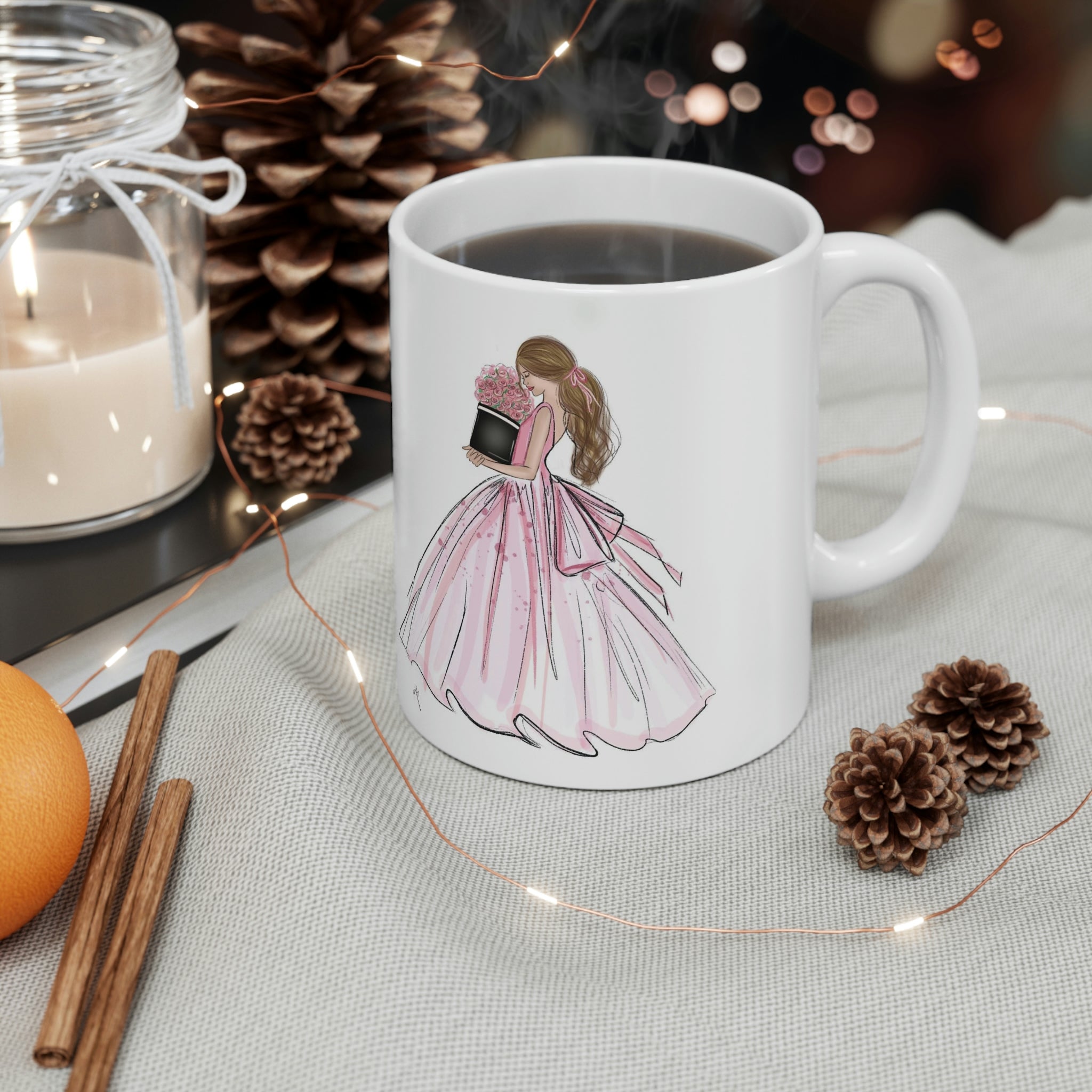 the lady wearing a pink dress mug